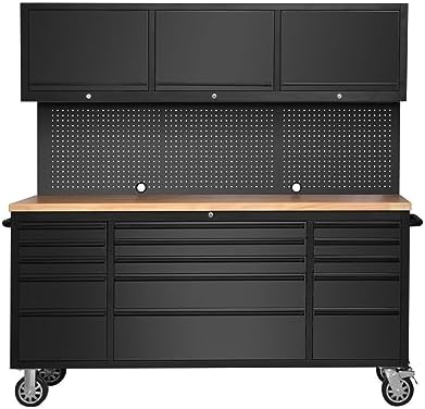 72-inch Tool Chest Cabinet Rolling Garage Workbench with 15 Storage Drawers and Wheels, 3 Upper Cabinet, Pegboard, Steel Large Tool Box,Matte Black