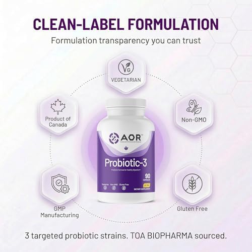 AOR Probiotic Capsules for Gut Health, Shelf Stable, 90 Capsules 30-45 Days | No Refrigeration for Travel, Three Strain Formula, Survives Digestion