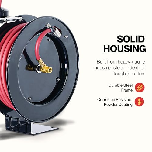 ReelWorks Retractable Air Hose Reel, 3/8" x 50 ft, 300 PSI, Hybrid | Keeps its hybrid hose flexible from -40°F to 176°F for year-round shop use
