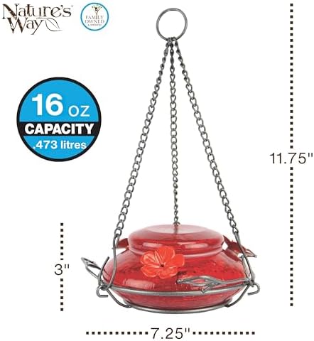 Nature's Way Bird Products MHF4 Hand Blown Garden Top Fill Hummingbird Feeder, 16 oz Capacity, Red