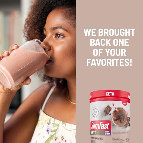 SlimFast Keto Meal Replacement Shake, Fudge Brownie Batter, Low Carb Keto Protein Powder with Collagen & Whey, No Sugar Added, Gluten Free, Weight Loss Support, 10-Serving Canister