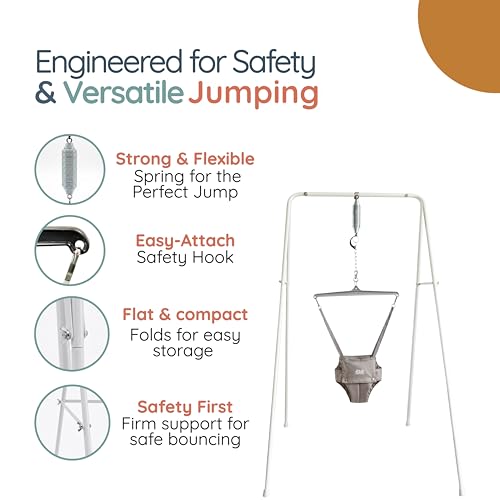 Jolly Jumper Classic (Grey) with Stand - Original Baby Jumper, Indoor and Outdoor Exercise Saddle Seat, Adjustable Height, for Infants up to 28lbs