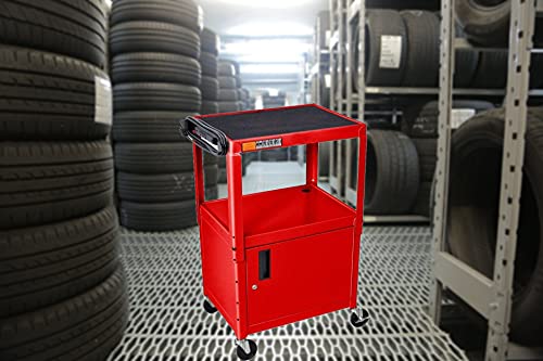 LUXOR AVJ42C-RD Steel AV Cart with Adjustable Height and Storage Cabinet, Multipurpose Utility Cart, 24" to 42" Height, 3 Outlet Electrical Assembly
