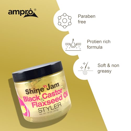 AmPro Shine-n-Jam Castor Oil and Flaxseed Gel - Nourishes Tresses and Adds Shine - Infused With Vitamin E to Condition All Hair Textures