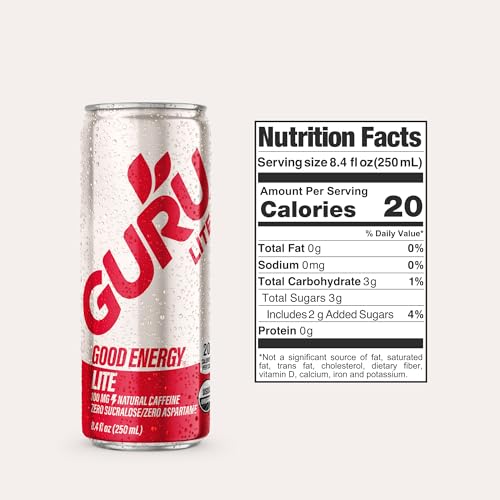 GURU Organic Energy Drink, Lite, Natural Caffeine, 8.4 Fl Oz, 24 Pack | 100 MG Natural Caffeine for Workouts, Performance & Midday Boost
