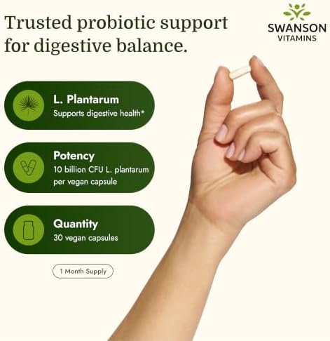 Swanson L. Plantarum - 10 Billion CFUs - Probiotic Supplement for Occasional Gas & Bloating - Supports Lower GI Tract Health* - No Refrigeration Needed - Non-GMO - 30 Vegan Capsules