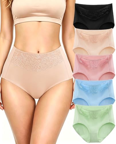 MISSWHO Women's High Waisted Cotton Underwear Soft Breathable Full Coverage Stretch Briefs Ladies Panties 5-Pack
