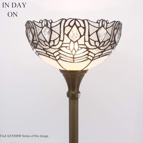 WERFACTORY Tiffany Floor Lamp White Crystal Stained Glass Torchiere Light | 12X12X71 Inches Pole Standing Corner Torch Uplight Decor Bedroom Living