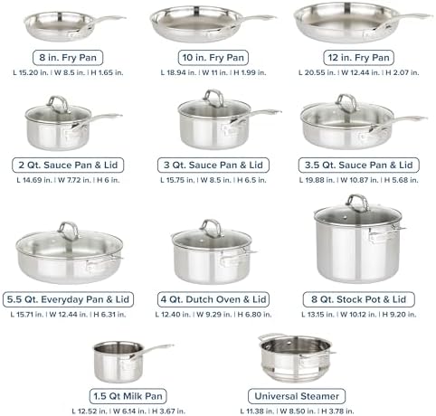 Viking 3-Ply Pots and Pans Set, 17 Piece Stainless Steel Cookware Glass Lids, Steamer Insert, Silver
