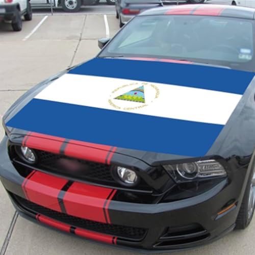 Nicaragua Car Hood Cover, Flag 4x5ft Car Bonnet Banner, Universal Fit, Elastic Polyester, Stretchable, Patriotic Automotive Hood Covers, Patriot Gifts