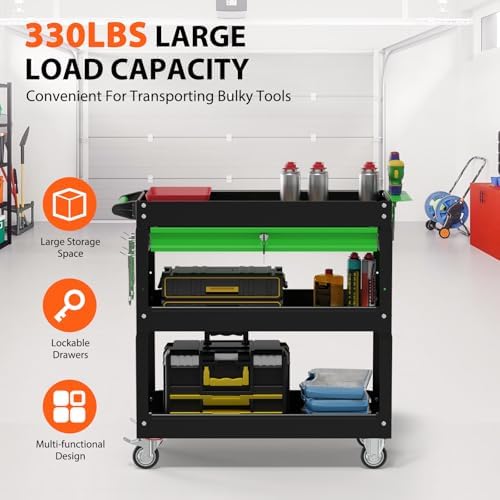 3-Tier Heavy Duty Utility Cart on Wheels, Rolling Tool Cart on Wheels with a Drawer, 350 Lbs Load Capacity Service Cart for Warehous, Garage and Repair Shop (Black)