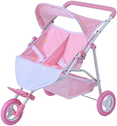 Olivia's Little World Doll Jogging-Style Stroller with Canopy, Storage Underneath, Pink and Cream and Gray | Canopy, Storage Underneath