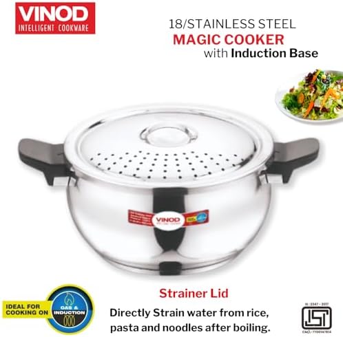 Vinod Magic Stainless Steel Smart 3 in 1 Pressure Cooker 5.5 Litre | 5mm Thick Base | All in One Cooker with Strainer & Glass Lid | Induction and