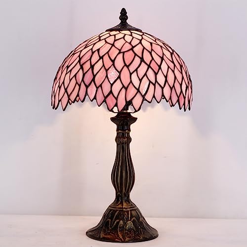 WERFACTORY Tiffany Table Lamp Pink Wisteria Style Stained Glass Desk Light | Bedside Reading Light 12X12X18 Inches Decor Bedroom Living Room Home