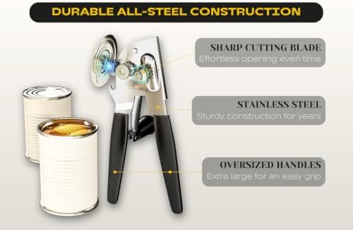 Heavy Duty Can Opener with Magnet – Commercial Can Opener Manual for Seniors & Arthritis - Hand Held, Folding Knob, Smooth Edge, Works on #10 Cans