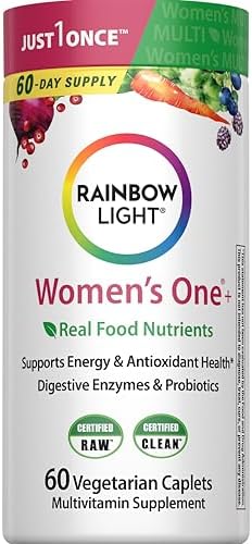 Rainbow Light Womens Multivitamin One + | 60 Caplets | Supports Energy & Antioxidant Health | Real Food Nutrients, Digestive Enzymes & Probiotics