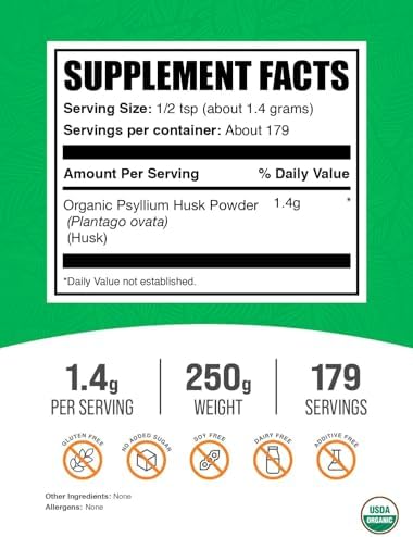 BulkSupplements.com Organic Psyllium Husk Powder - Psyllium Husk Powder for Baking, Fiber Supplement - Gluten Free, 1.4g per Serving, 1kg (2.2 lbs) (Pack of 1)