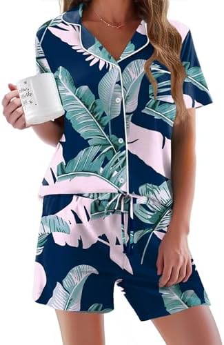 Ekouaer Pajamas Set for Women Short Sleeve Sleepwear Button Down Pj XS-XXXL | Summer 2 Piece Lounge Set, Soft Fabric, Drawstring Waistband, for Bridesmaid Bride Party, Plus Size, Petite, Cute Pattern