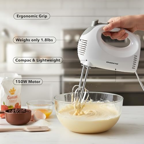 OVENTE 5-Speed Electric Hand Mixer with Storage Case,150W, White HM151W | Stainless Steel Whisks, Compact Portable Design, Lightweight Handheld Mixer for Baking & Cooking