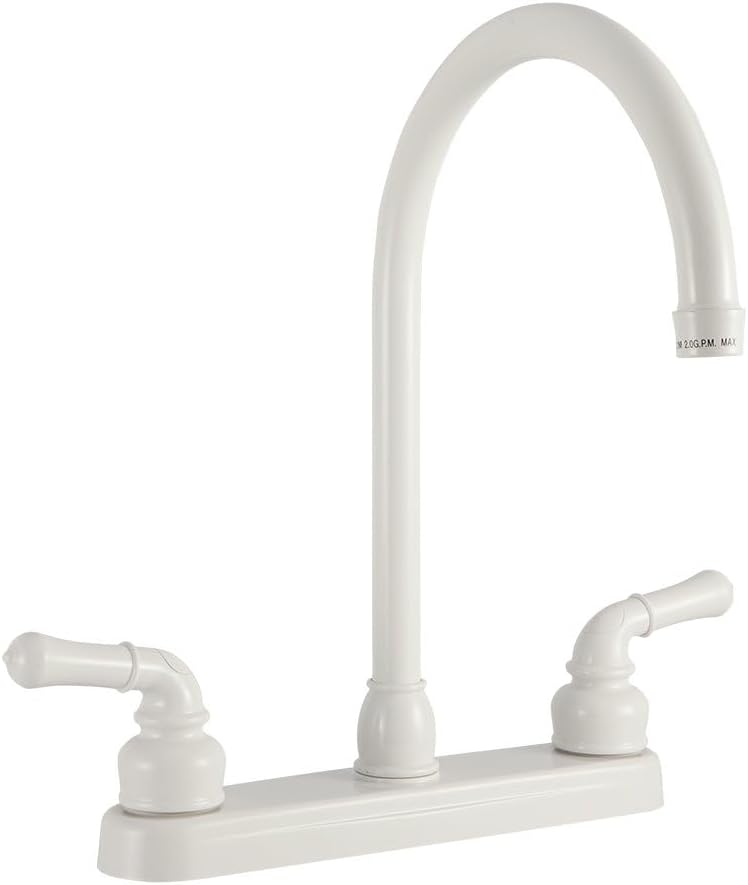 Dura Faucet DF-PK330HC-SN RV J-Spout Kitchen Sink Faucet (Satin Nickel) | Tall spout clears big pots; dual levers fine-tune water flow. Brushed Satin Nickel.