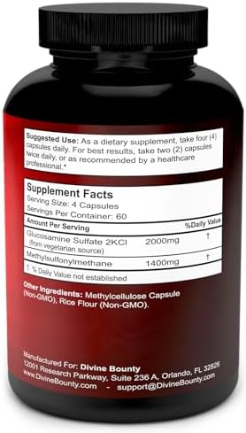 Divine Bounty Glucosamine Sulfate 2000mg with MSM, 240 Small Capsules | Joint Support Supplement with No Shellfish or Harmful Additives