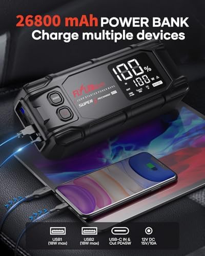 FLYLINKTECH Car Battery Jump Starter, 8000A Peak 26800mAh Jump Start Battery Pack(for All Gas or up to 12L Diesel)