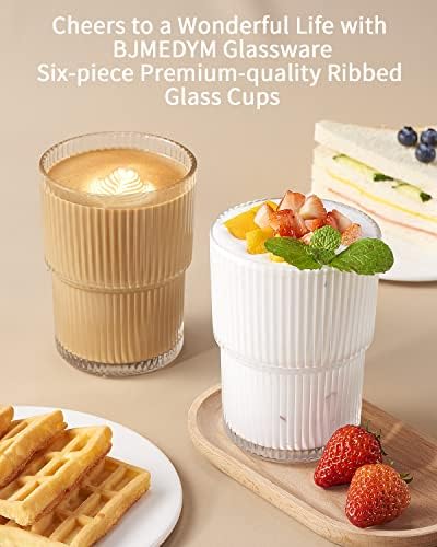 6PCS Ribbed Drinking Glasses, 14Oz Stackable Glass Cup Set for Bar & Kitchen | Fluted Designed