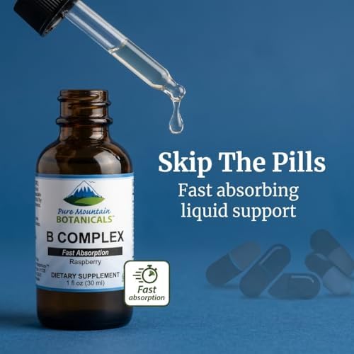 Pure Mountain Botanicals Liquid Vitamin B Complex - B12 B6 Drops - Raspberry Flavor - Kosher Non-GMO - 30 Servings