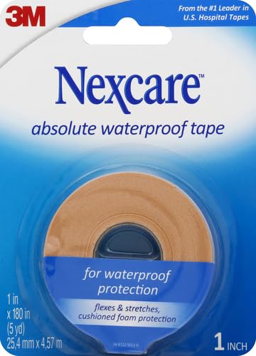 Nexcare Absolute Waterproof First Aid Tape, from The #1 Leader in U.S. Hospital Tapes, Stays on During Sports, Seals Out Water, Dirt and Germs, 1-Inch x 5-Yard Roll