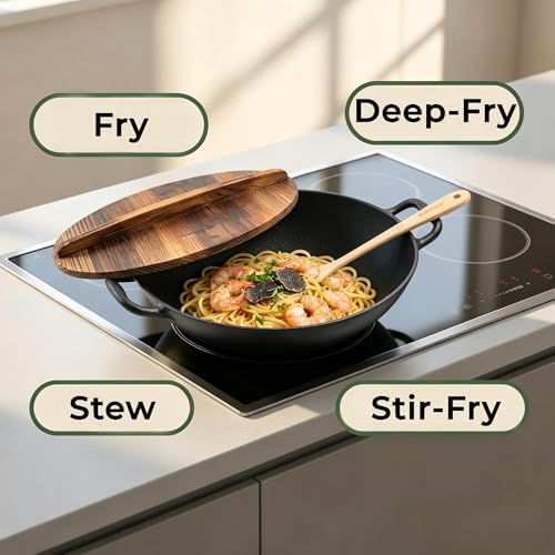 Flat Bottom Cast Iron Wok with Lid 14 Inch,Pre-Seasoned Non Toxic Cast Iron Kadai,Chinese Japanese Wok double handle for Induction and Open Fire