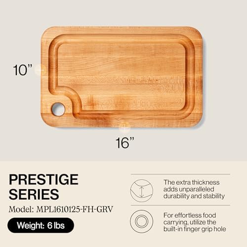 John Boos Prestige Series Rectangular Wooden Maple Cutting Board 16”x10” – 1.25” Thick, 6-lb Reversible Butcher Block with Juice Groove, Edge-Grain & Finger Grip Hole – Made in the USA | 1.25” Thick, 6-lb Butcher Block with Juice Groove, Edge-Grain & Fin…