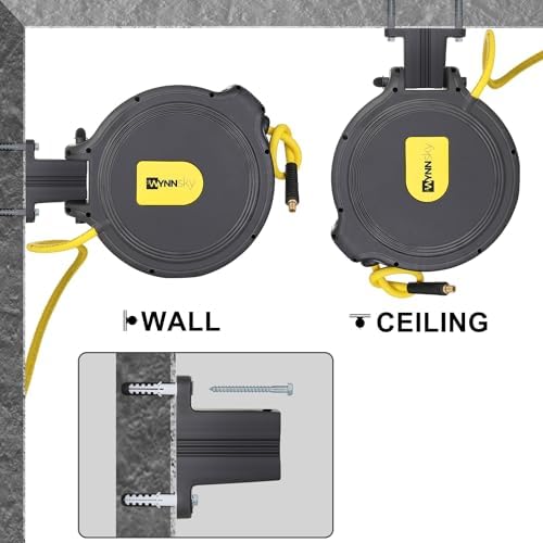 Automatic Retractable Enclosed Air Compressor Hose Reel with 3/8 inch x 50 ft Hybrid Air Hose for Workshop Garage, 180° Swivel Bracket, 300PSI
