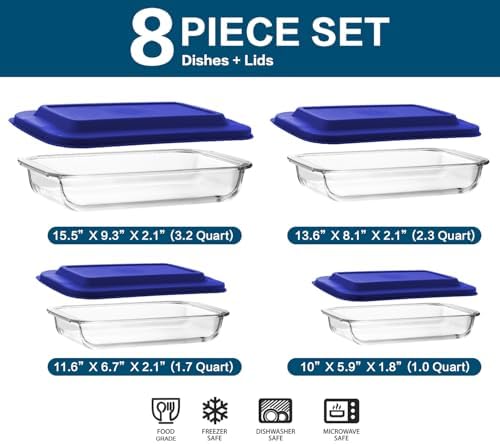 M MCIRCO 8 Piece Deep Glass Baking Dish with Lids, BPA free,Gray
