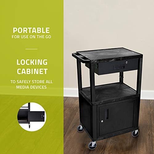 Luxor WT42C2E-B/WTD 42" H AV Cart - 3 Shelves Cab Drawer - Black, 4" Ball Bearing Casters with Two Locking Brake