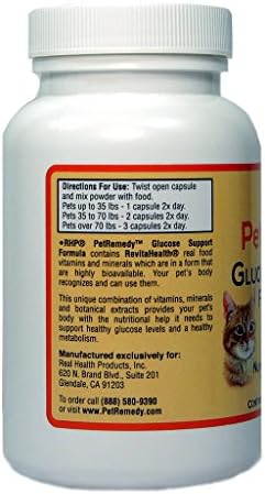 PetRemedy Pet Blood Sugar Support. Natural Supplement maintains Healthy Glucose Levels in Diabetic Cats and Dogs. (180 Capsules, 90 Days Supply)