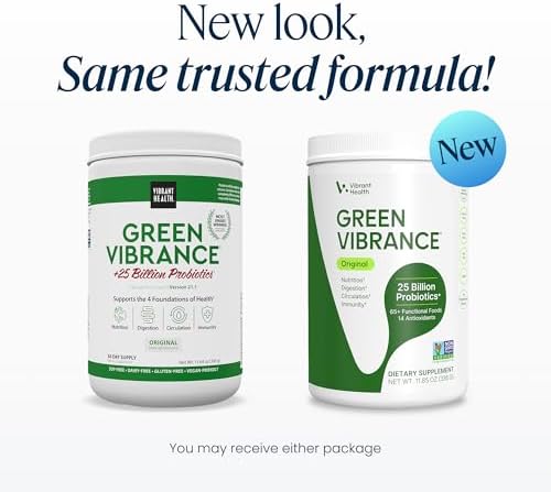 Vibrant Health, Green Vibrance, Includes 65 Plant-Based Superfoods, 25 Billion Probiotics, Fiber, Adaptogens & Enzymes, 30 Servings
