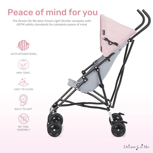 Dream On Me Aero Travel Umbrella Stroller, 1-Hand Fold, Lightweight, Black | 3 Point Safety Harness, Dual Brakes, Adjustable Removable Canopy, Sturdy Steel Frame, Compact, For Toddlers 6-36 months