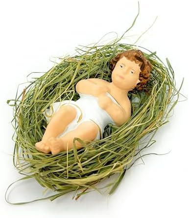 4 Inch Baby Jesus in Manger Figurine, Small Baby Jesus Manger Crib for Nativity Set on Natural Hay, Handcrafted Holy Gift Made in Poland