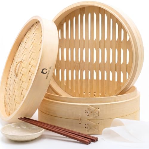 HAPPI STUDIO Bamboo Steamer Basket 10 Inch, Extra Deep Dumpling Steamer Set