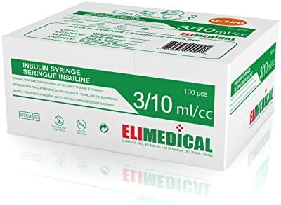Elimedical Veterinary Insulin Syringe U-100 0.3cc (ml), 31G x 5/16 inch (7.9mm), Individually Packed, for Pet Cat or Dog, 100 per box, 03V3108B