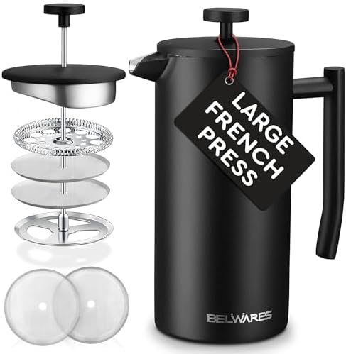 French Press Coffee Maker - 50oz Stainless Steel, Insulated Coffee Press | Large 6 Cup 50oz Capacity, Double Wall Keeps Coffee Hot, 4 Level Filter for Ground Free Coffee, 2 Extra Filters, Matte Black