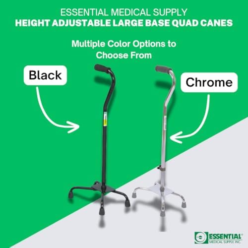 Essential Medical Supply Small Base Quad Cane in Black - Height Adjustable Walking Cane, Sturdy and Durable Walking Cane for Improved Mobility and Stability with 4 Prong Base and Rubber Tips