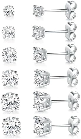 18K White Gold Plated Round Cubic Zirconia Stud Earrings Pack, 6 Pairs