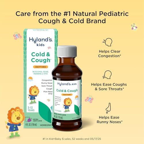 Hyland's Kids Cold and Cough, Day and Night Combo Pack, Cold Medicine for Ages 2 and up, Syrup Cough Medicine for Kids, Nasal Decongestant, 4 Fl Oz (Pack of 2)