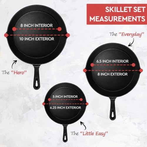 Cast Iron Skillet 3-Piece Set w/Cookbook - Heavy-Duty Professional Restaurant Chef Quality Pre-Seasoned Pan Cookware - 10", 8", 6.25" Pans - For Frying, Saute, Cooking, Pizza - Black