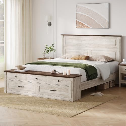 LINSY Storage Bed Frame Queen Bedframe with Drawers, Farmhouse Bed Frame Queen-Size with Headboard and Footboard Bench