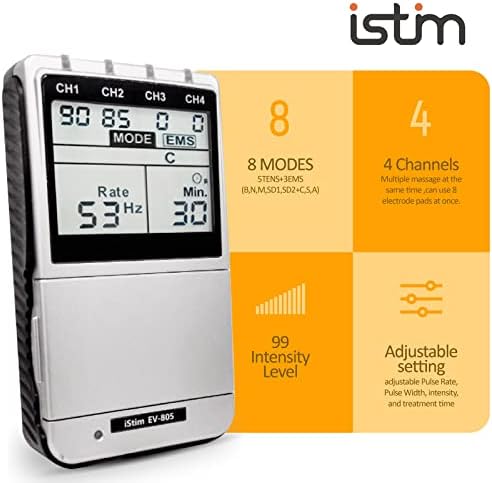 iSTIM EV-805 TENS EMS 4 Channel Rechargeable Combo Machine Unit - Muscle Stimulator + Back Pain Relief and Management- 24 Programs/Backlit