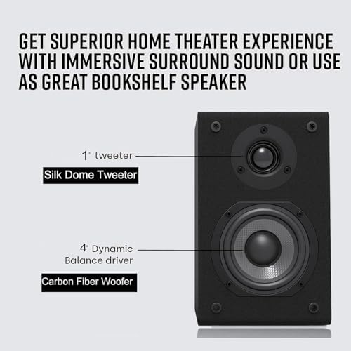 LONPOO Passive Bookshelf Speakers, 150W Wooden Cabinet Stereo Speakers Pair | 4" Carbon Fiber Woofer, 1" Silk Dome Tweeter, Amplifier Required