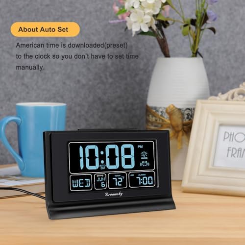 DreamSky Alarm Clocks for Bedrooms with Battery Backup, Auto Set | Digital Clock with Date & Day of Week, 5 Inch Large Display, Weekday, Temperature, USB Port, Auto DST, Brightness Dimmer