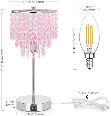 Touch Control Crystal Table Lamp with USB C+A Charging Ports, 3-Way Dimmable Bedside Touch Lamp Decorative Nightstand Lamp with Elegant Lampshade for Living Room Bedroom, B11 LED Bulb Included